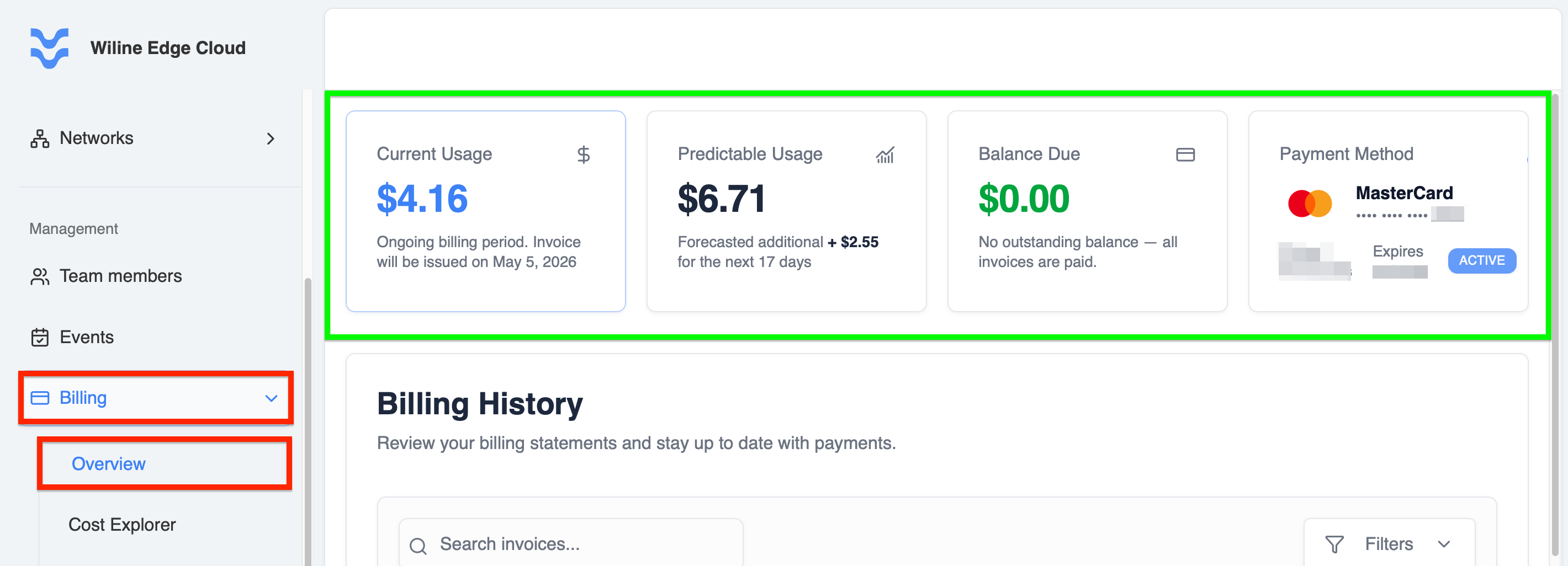 Billing dashboard