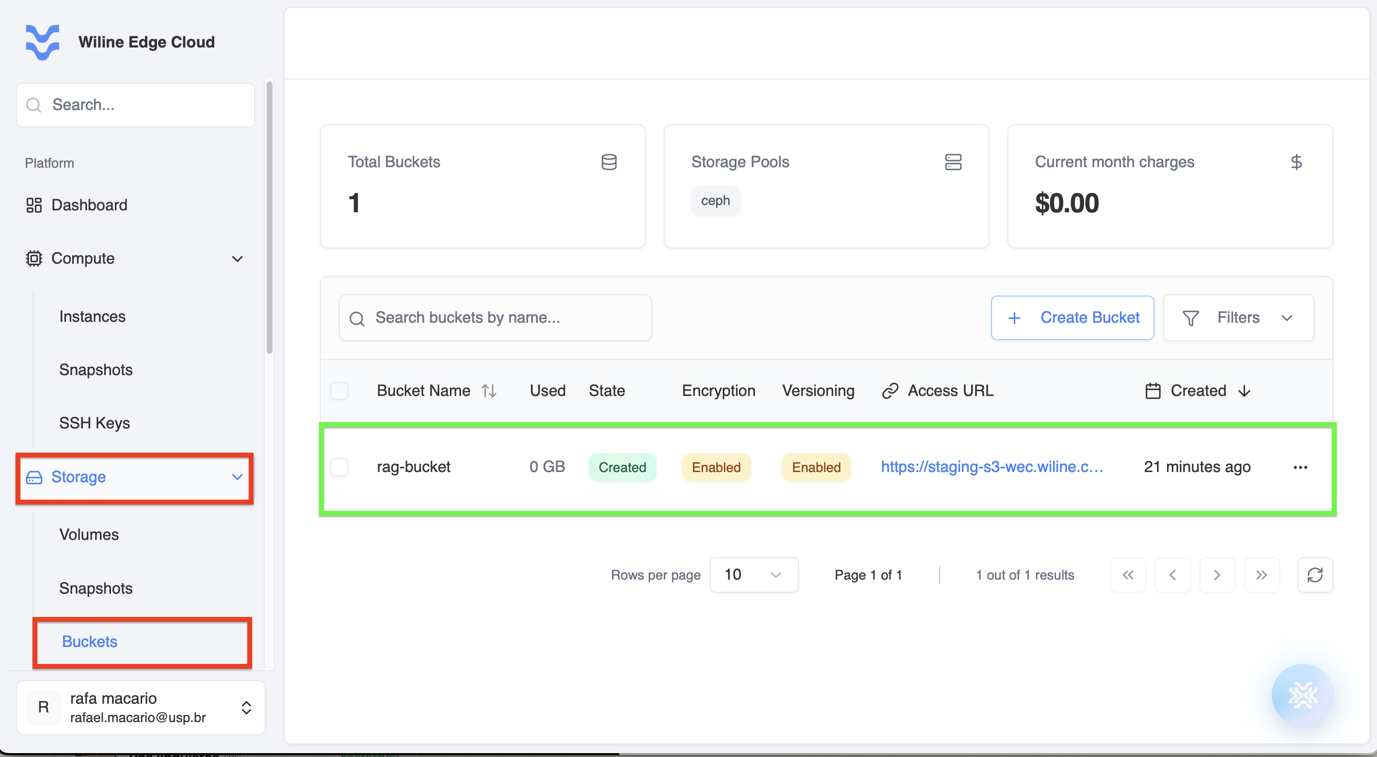 Buckets dashboard screenshot