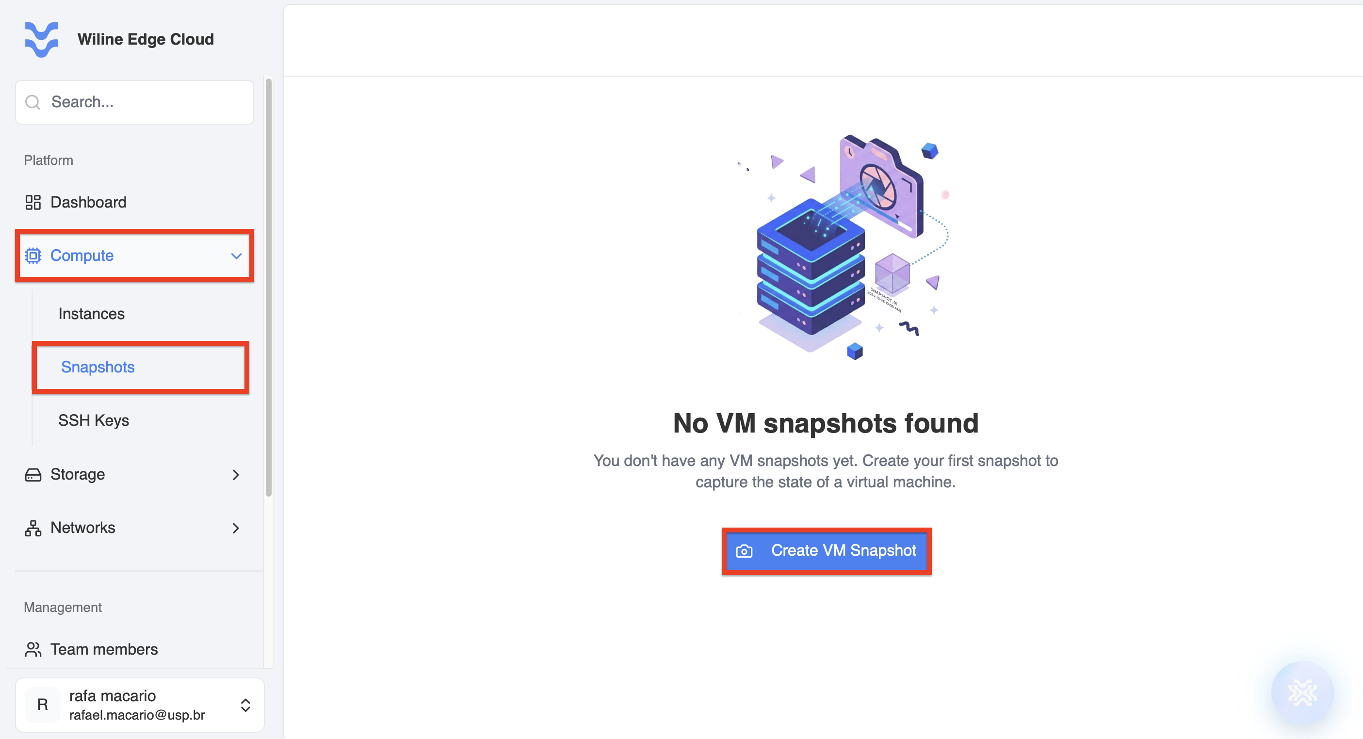 Snapshots page with Create VM Snapshot button
