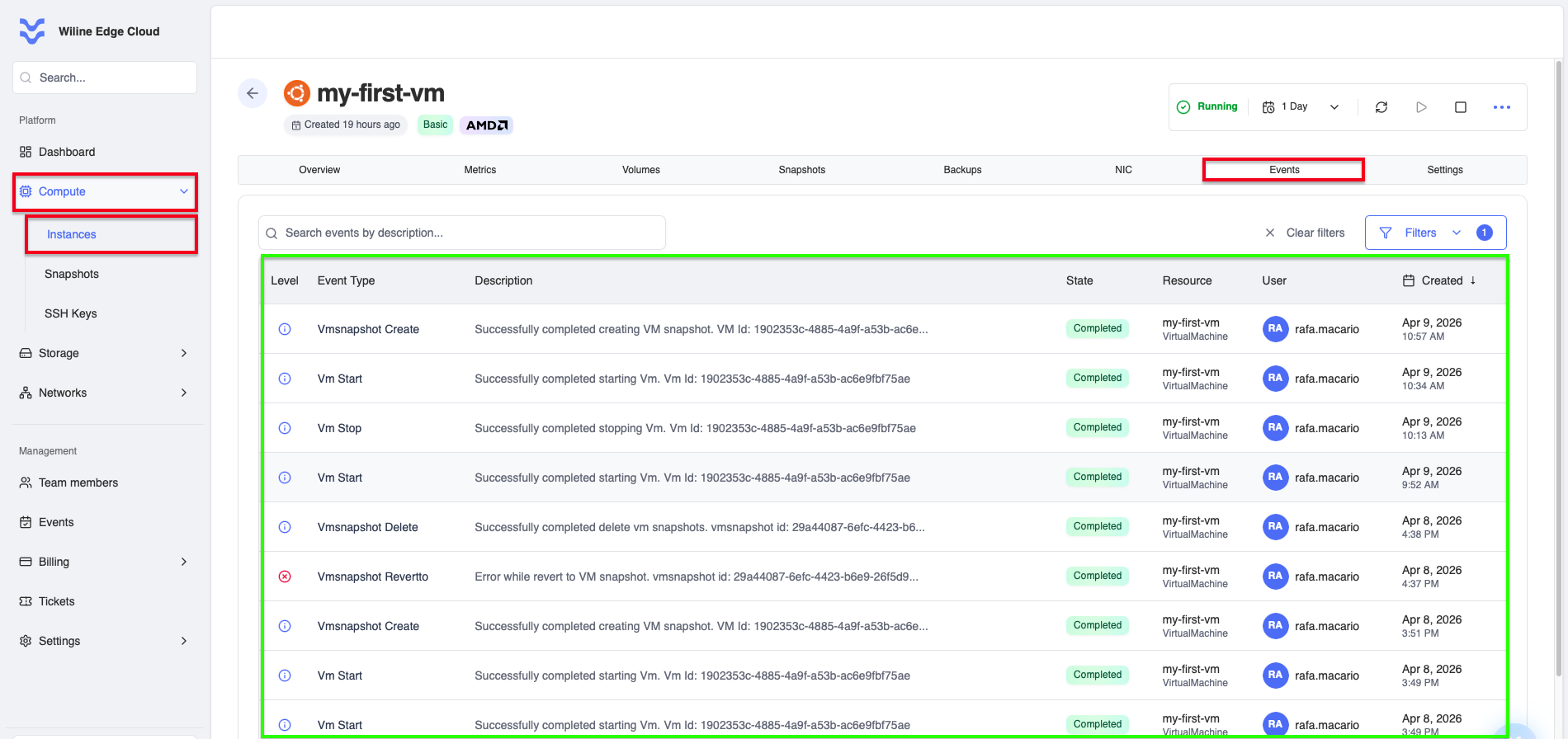 VM Events Tab