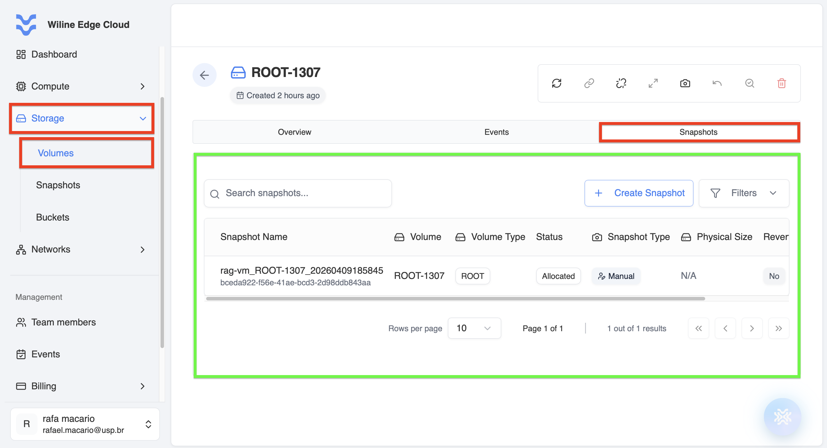 Volume Snapshots Tab