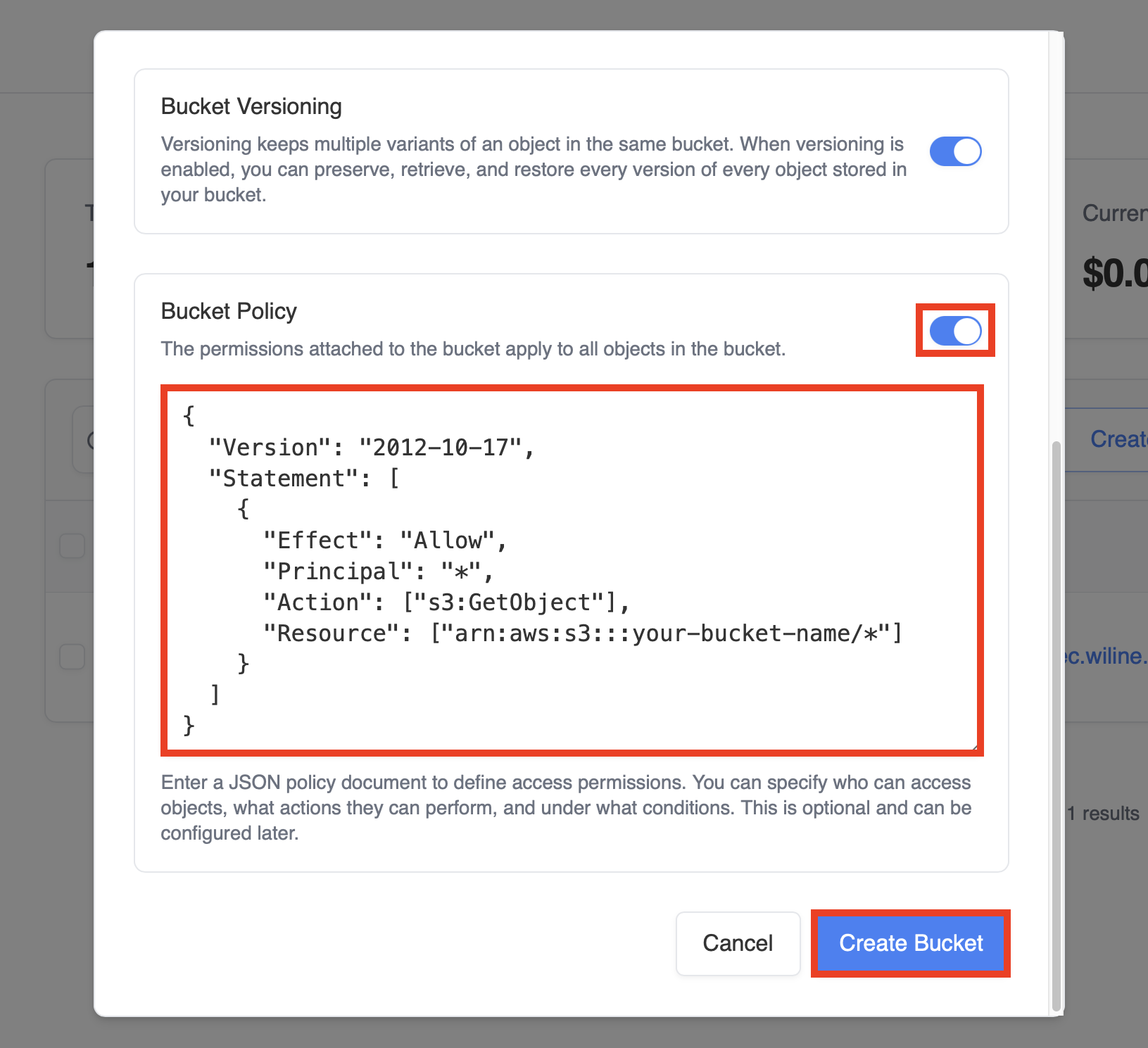 Modal de configuración del Bucket
