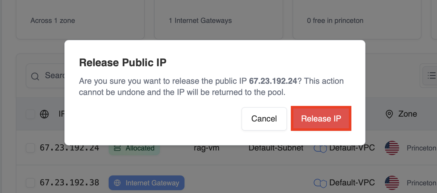 Confirmación de Liberar IP