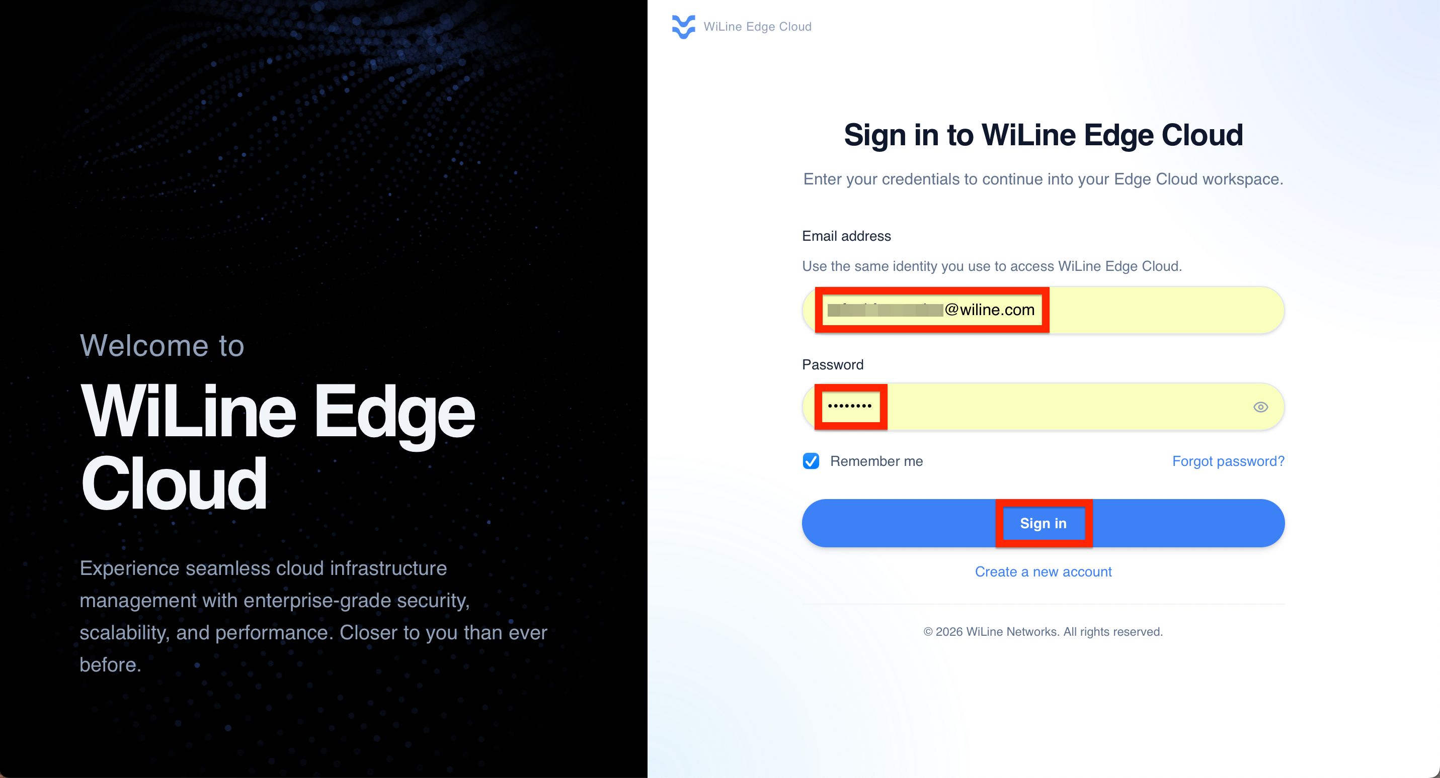 Pantalla de inicio de sesión para WiLine Edge Cloud