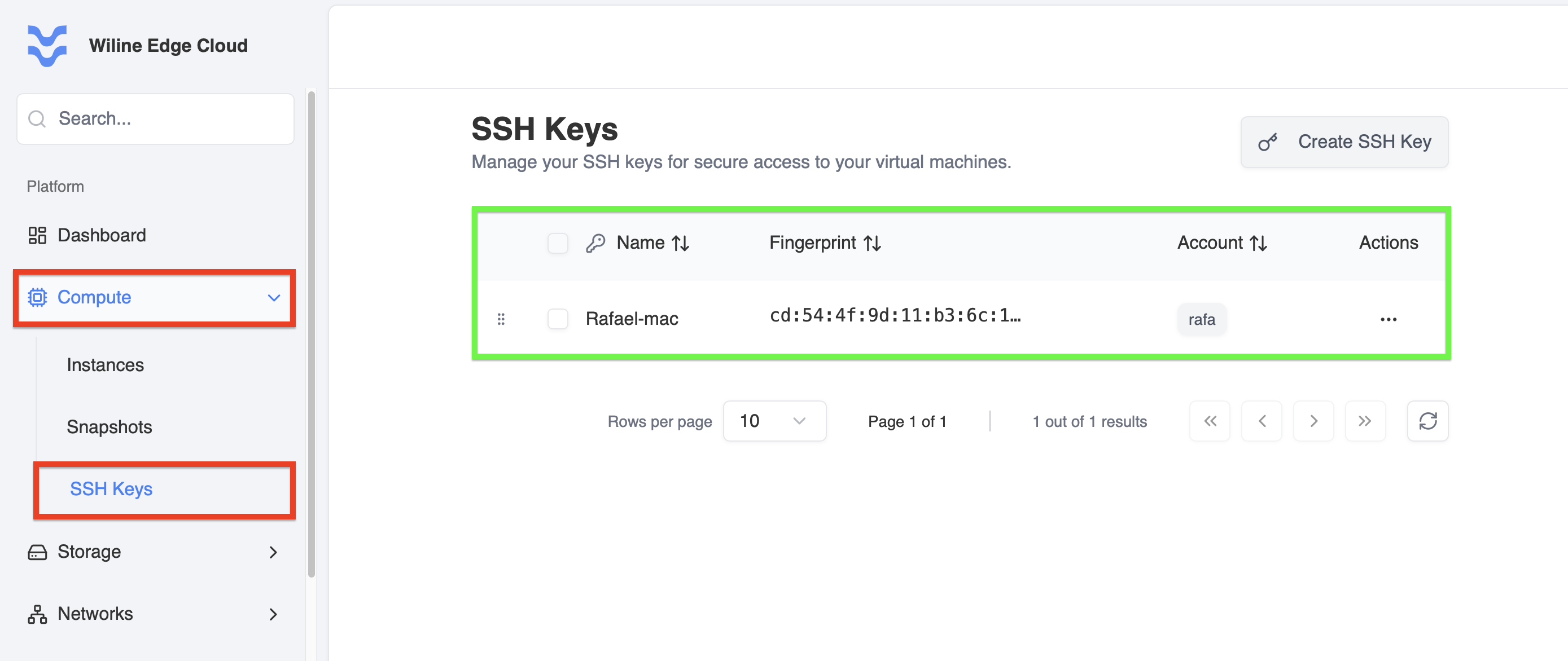 Tablero de Claves SSH después de agregar una clave