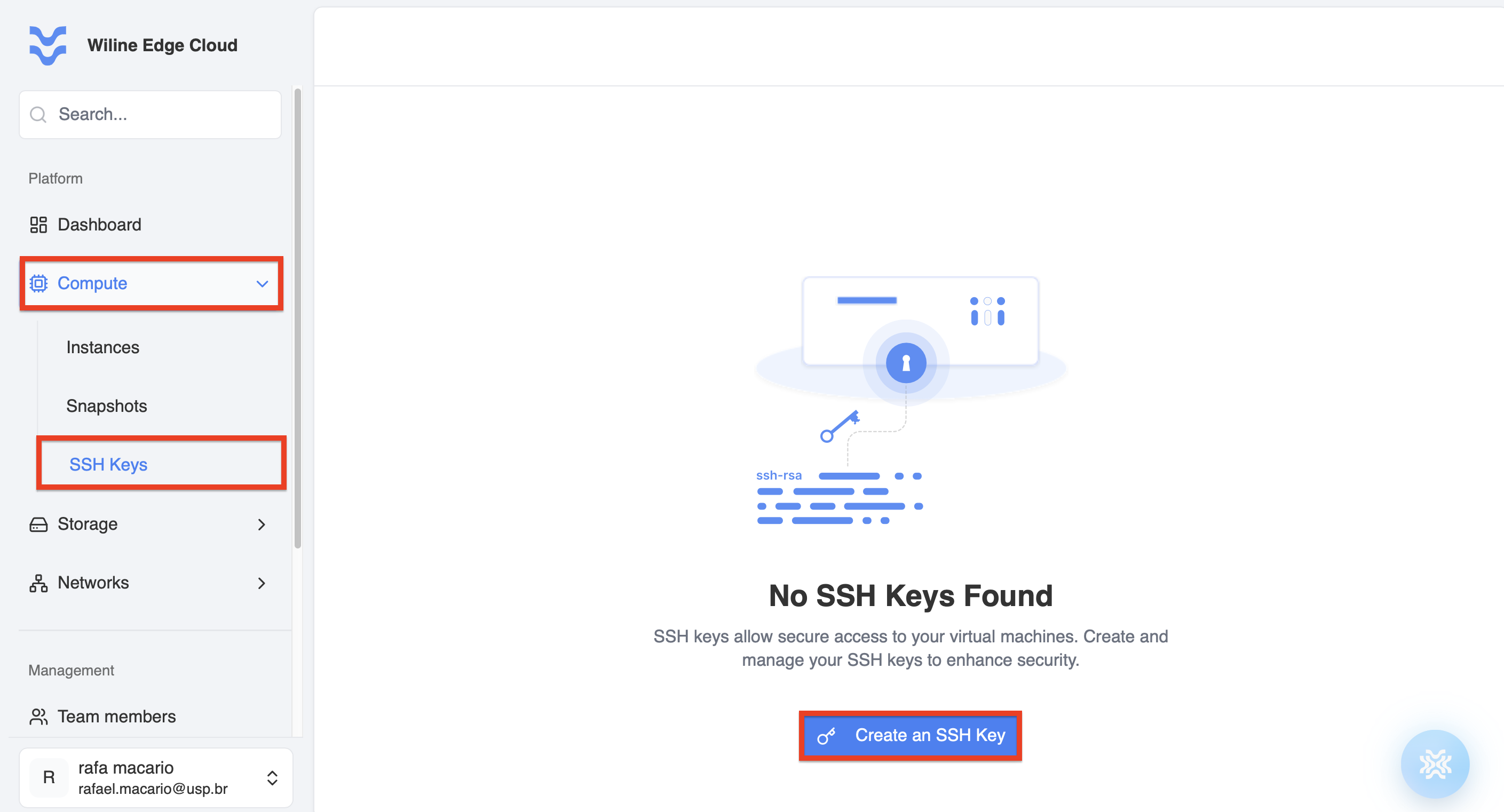 Página de Claves SSH mostrando que no hay claves configuradas